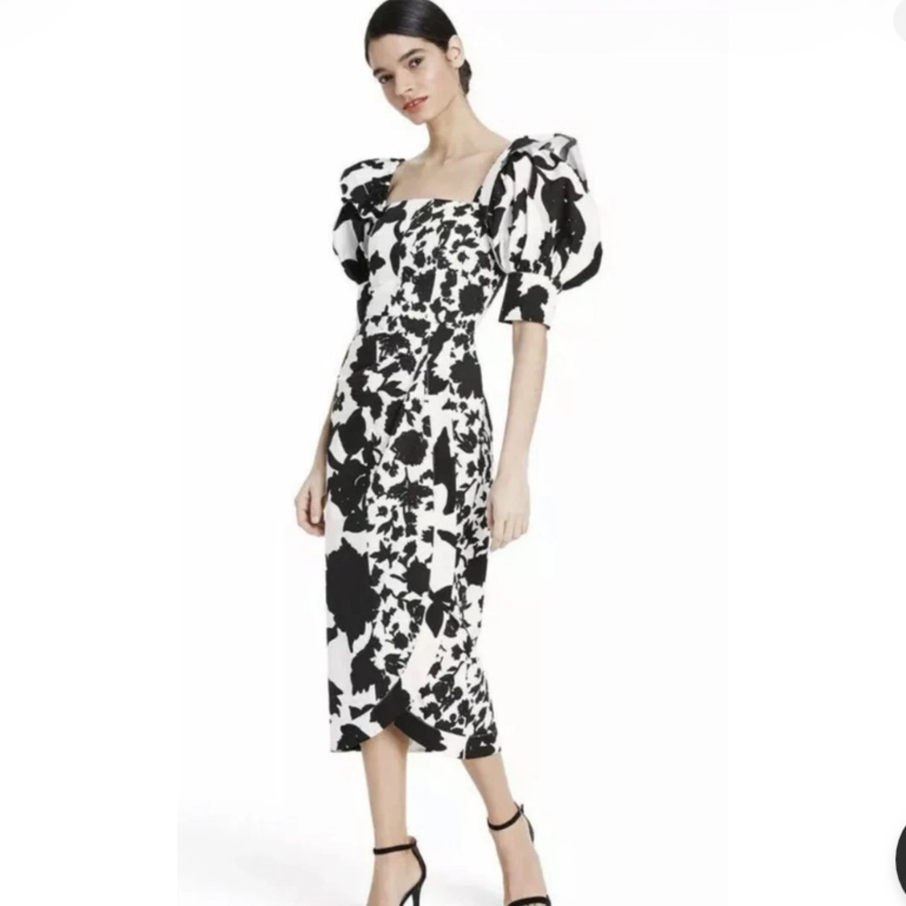 Christopher John Rogers Target Dress  Floral Puff Sleeve Faux Wrap 0 Black NWT